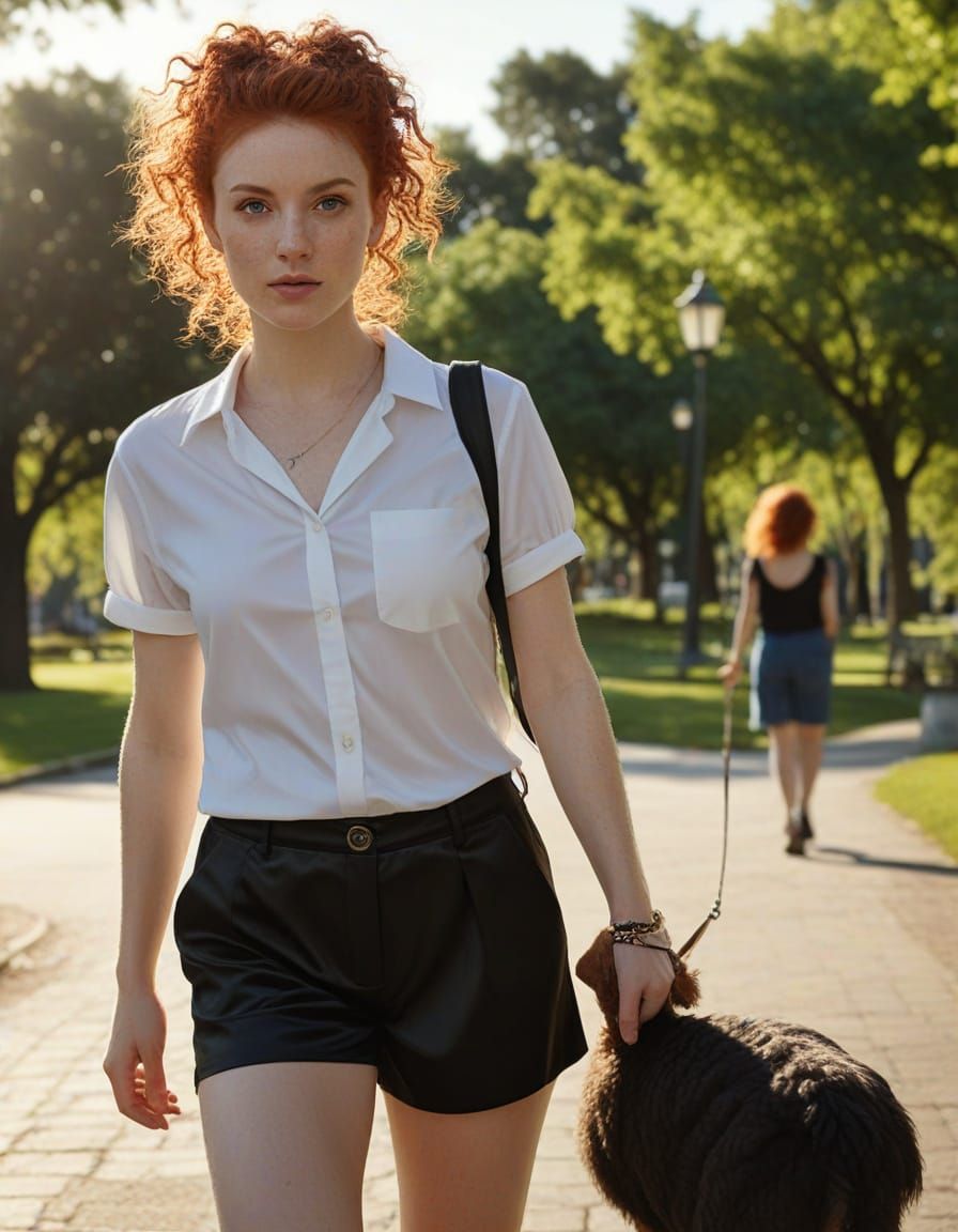 Woman Walking Dodo in Park: Hyper-Realistic Digital Art