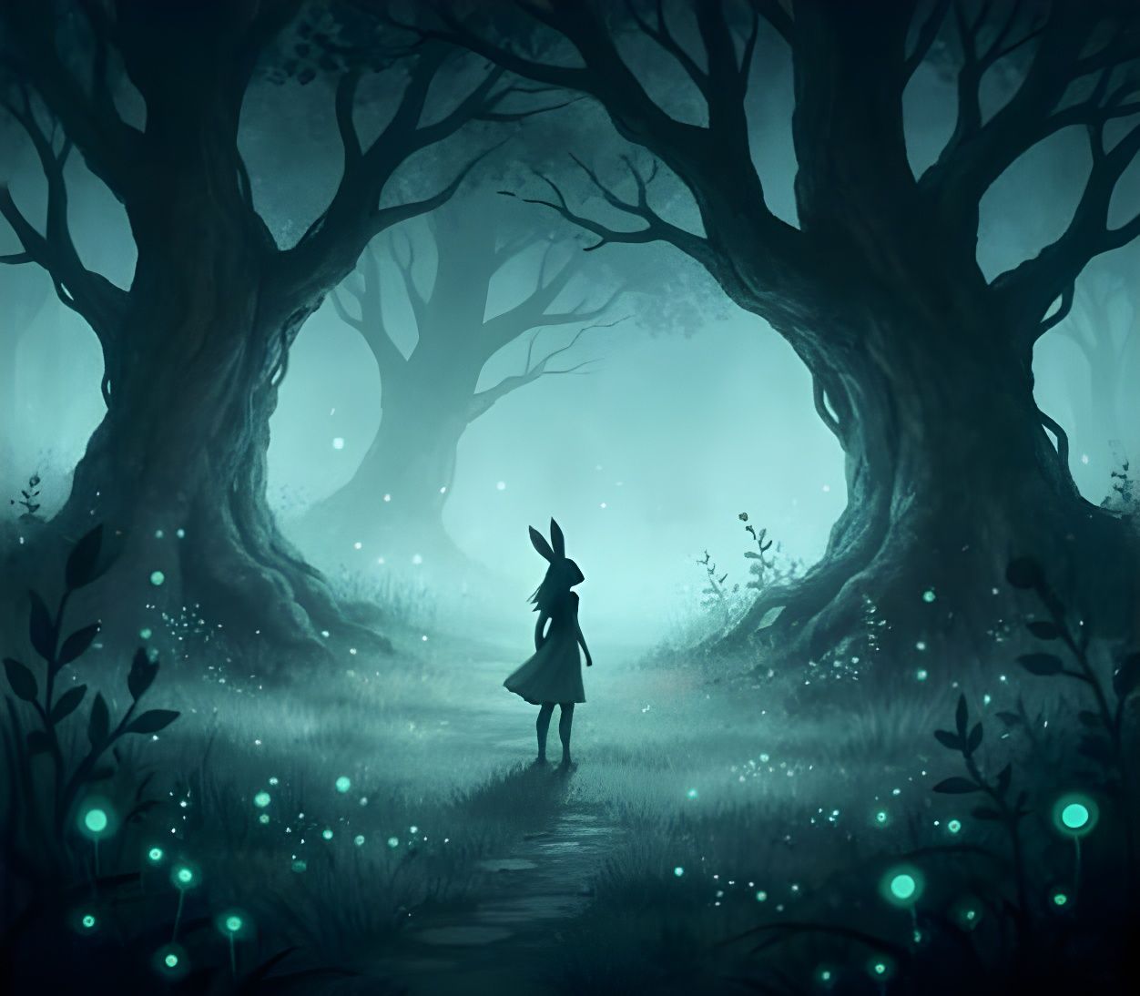 Mysterious Rabbit Woman in Enchanted Midnight Garden