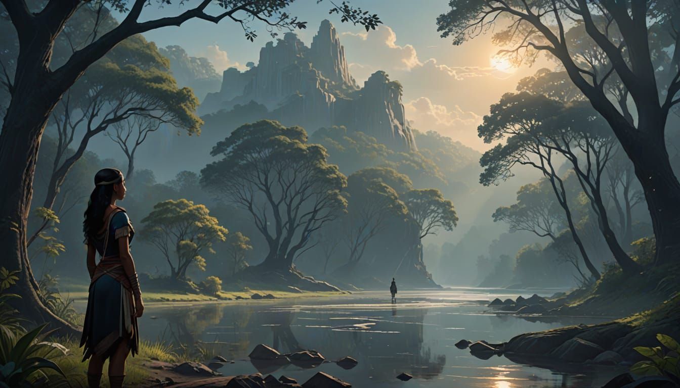 Pocahontas Observing Colonial Leaders by Riverbank