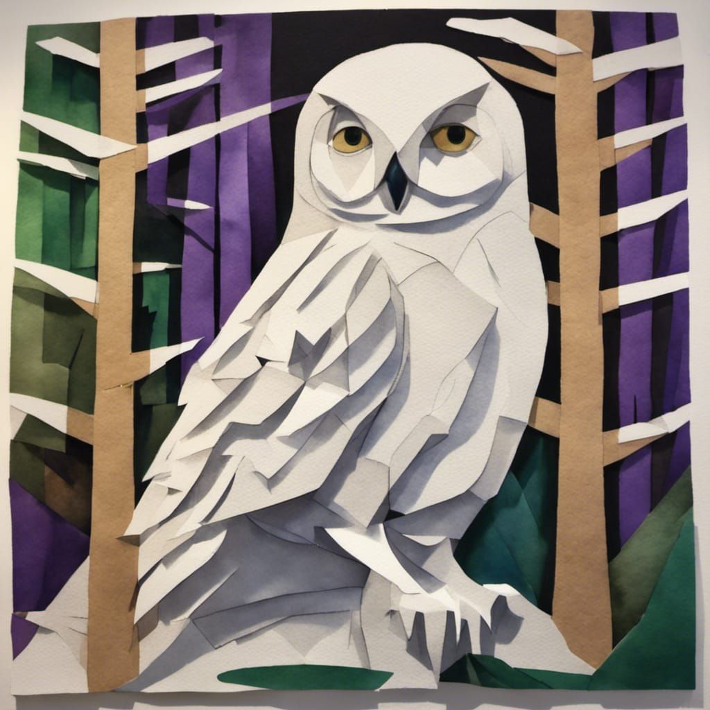 Snowy Owl in Pine Forest: Abstract Cubism Watercolor
