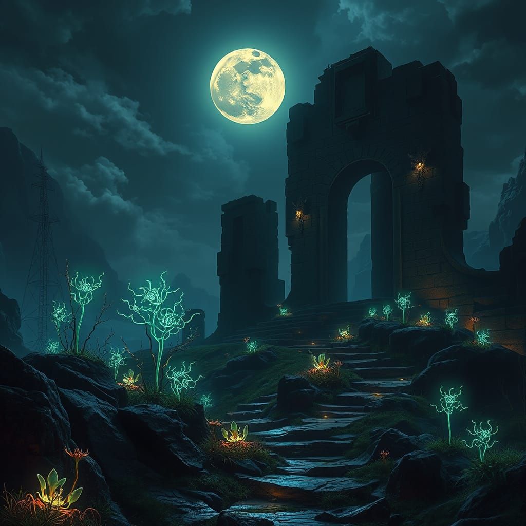 Surreal Night Landscape with Bioluminescent Flora