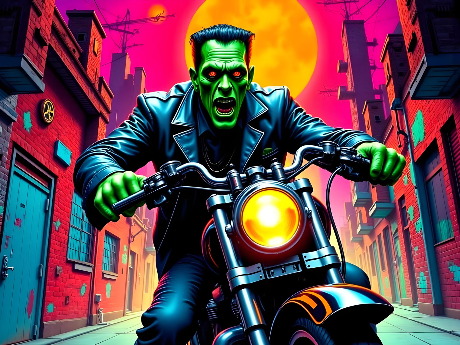 Frankenstein's Monster Rides Motorcycle in Airbrush Style