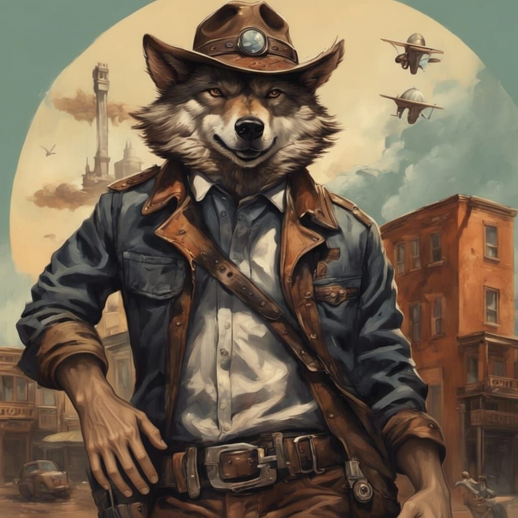 Anthropomorphic Wolf in Old West Town with Spaceships