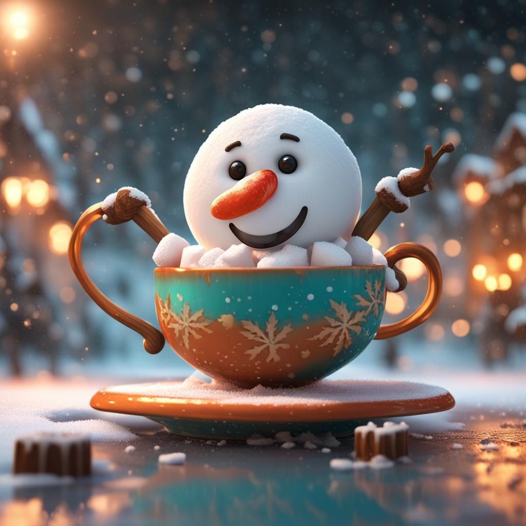 Marshmallow Snowman Skating on Hot Cocoa, Digital Art