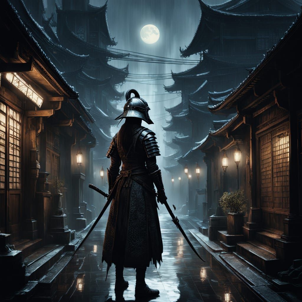 Samurai Warrior Woman in Moonlit Alleyway - Dark Fantasy Art