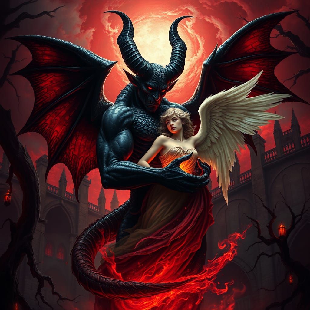 Devil and Angel Embrace in Gothic Twilight