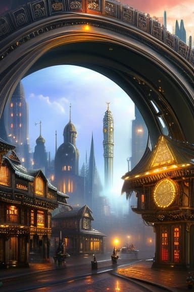 Steampunk Time Machine in Futuristic Cityscape