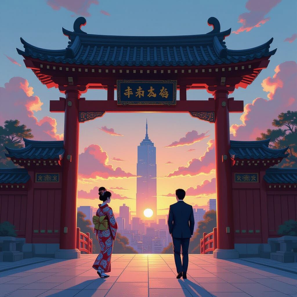 Ancient Temple Gate Beside Futuristic Skyscraper at Sunset