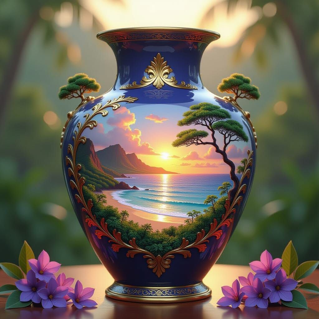 Ornate Lilac Vase with Golden Vines and Landscape