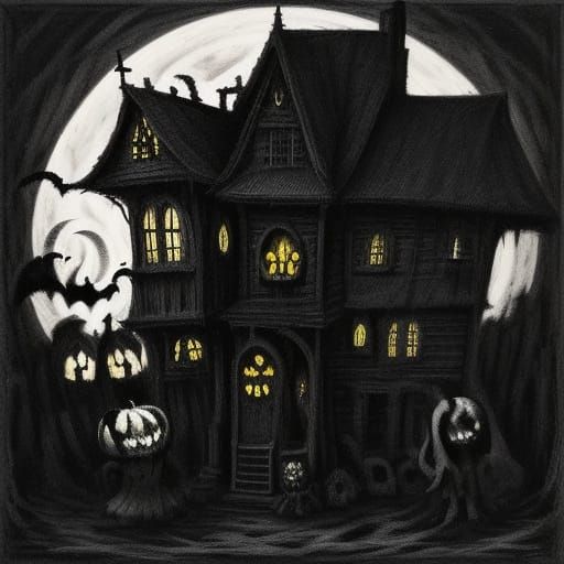 Spooky Haunted House Digital Painting with Ghosts and Ghouls