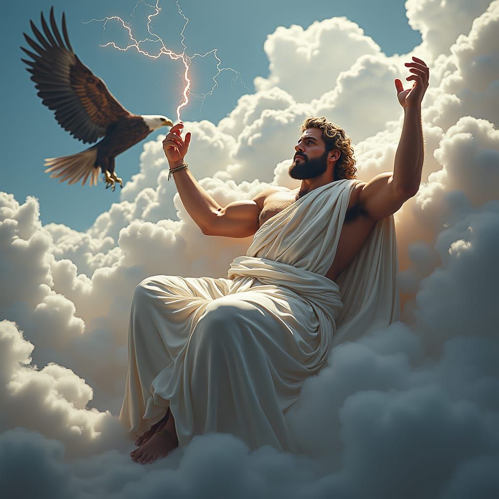 Regal Zeus in Clouds with Lightning