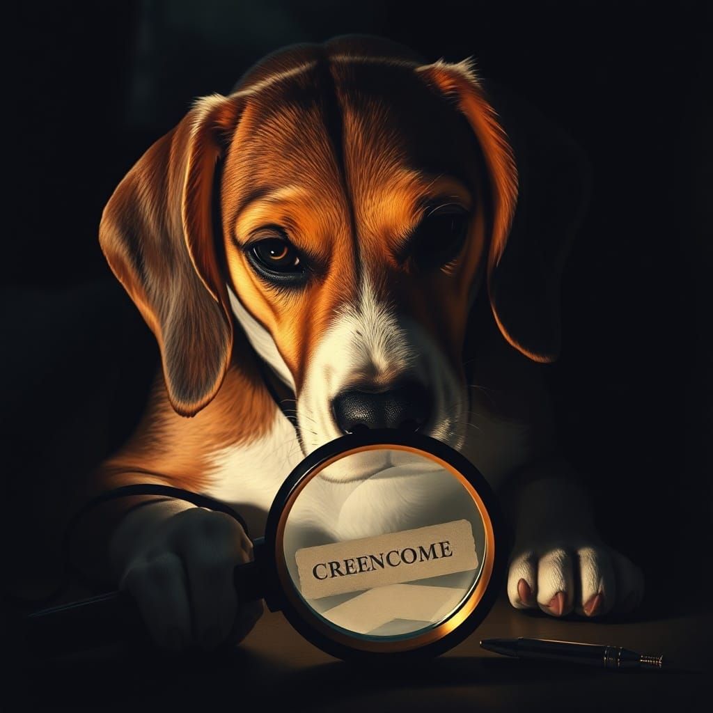 Beagle Detective Peering Through Magnifying Glass in Noir St...