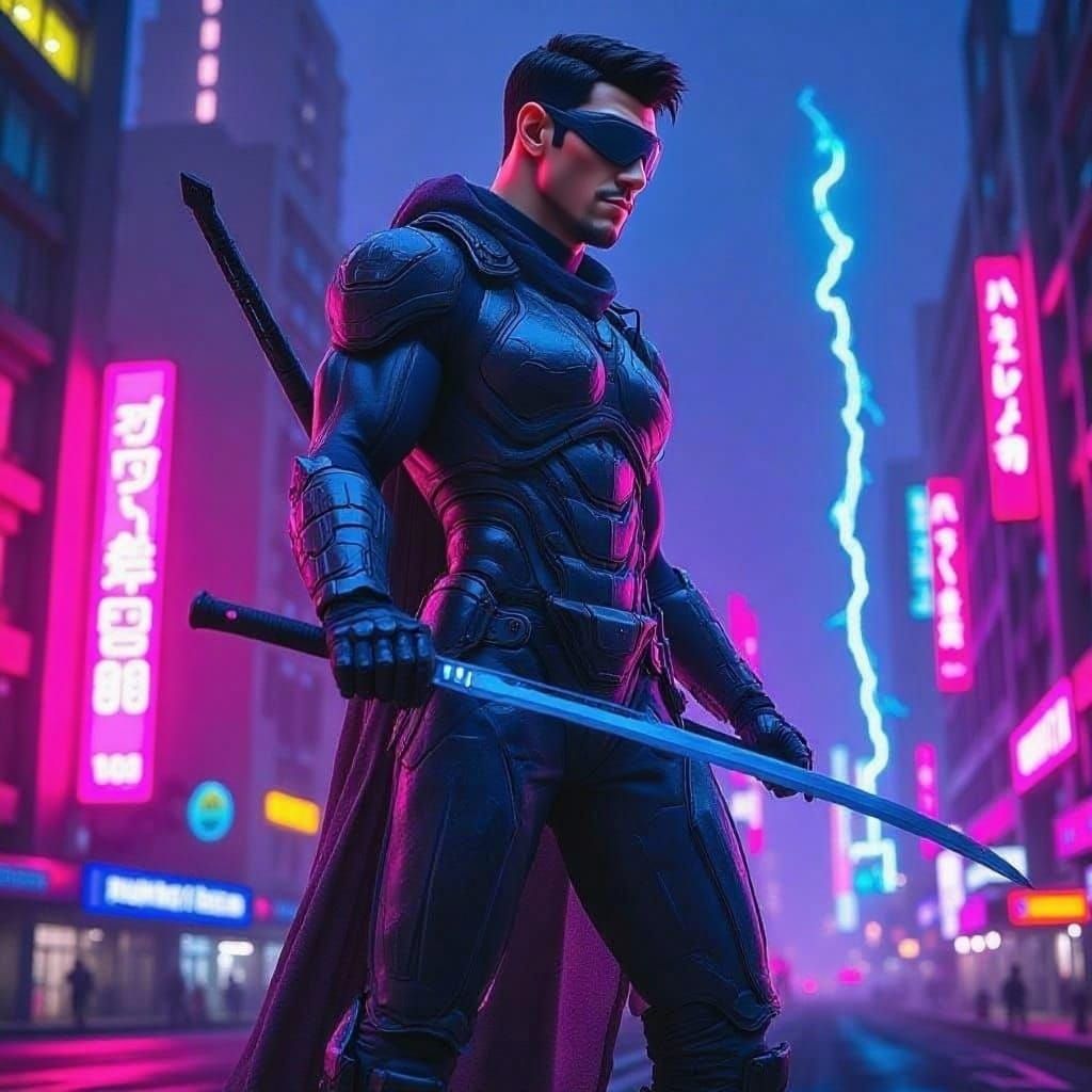 Cyberpunk Warrior on Neon Rooftop with Electric Lightning