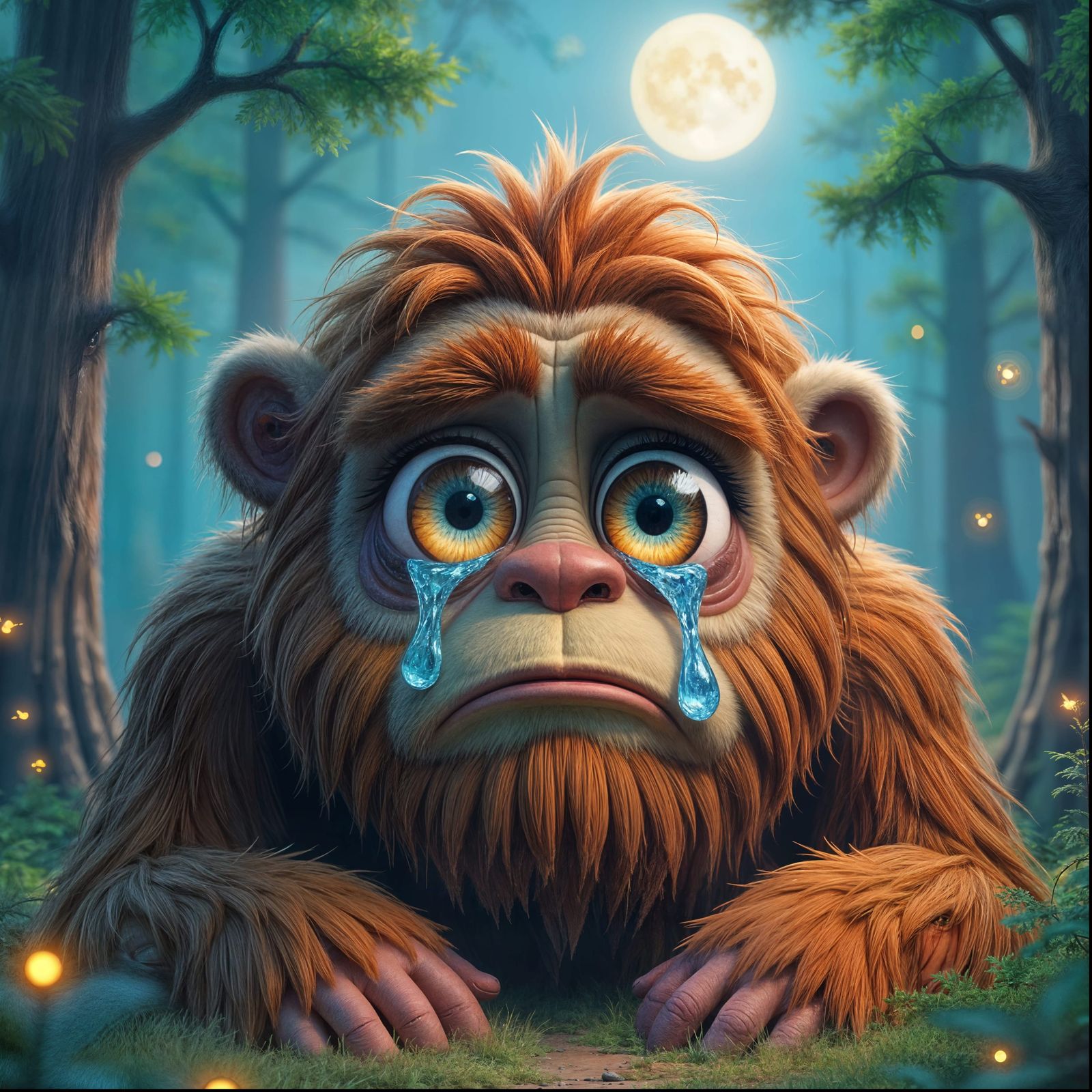 Surreal Forest Sasquatch Portrayal in CGI Cartoon Style