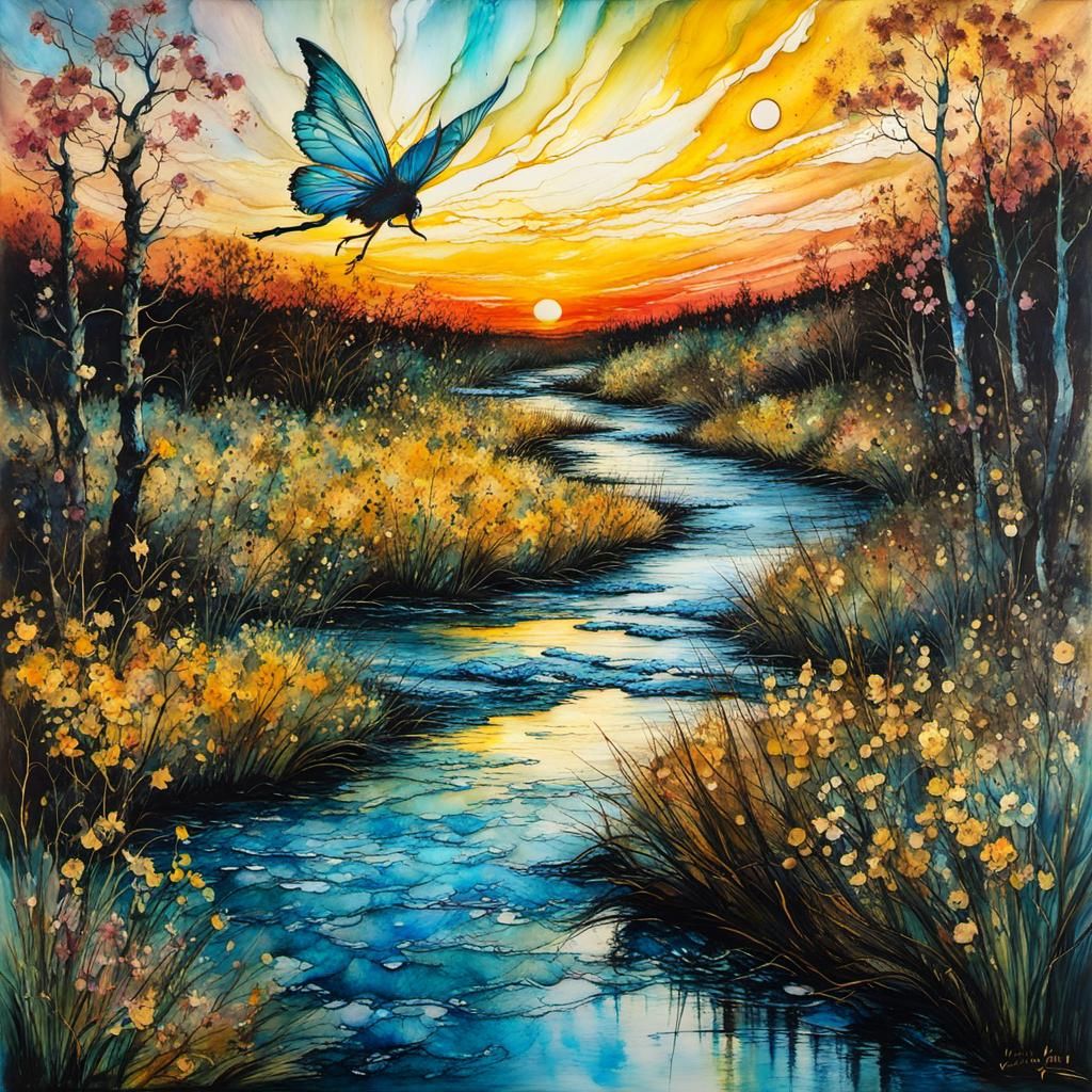 Encaustic Fairy Over Creek, Van Gogh Style