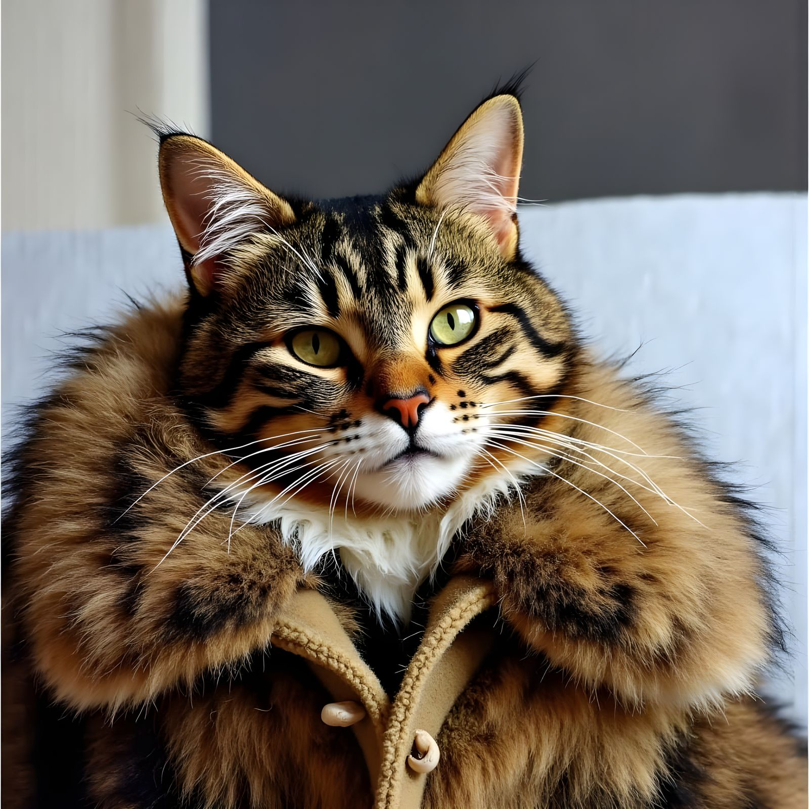 Cat in White Fur Coat in Cartoon Style