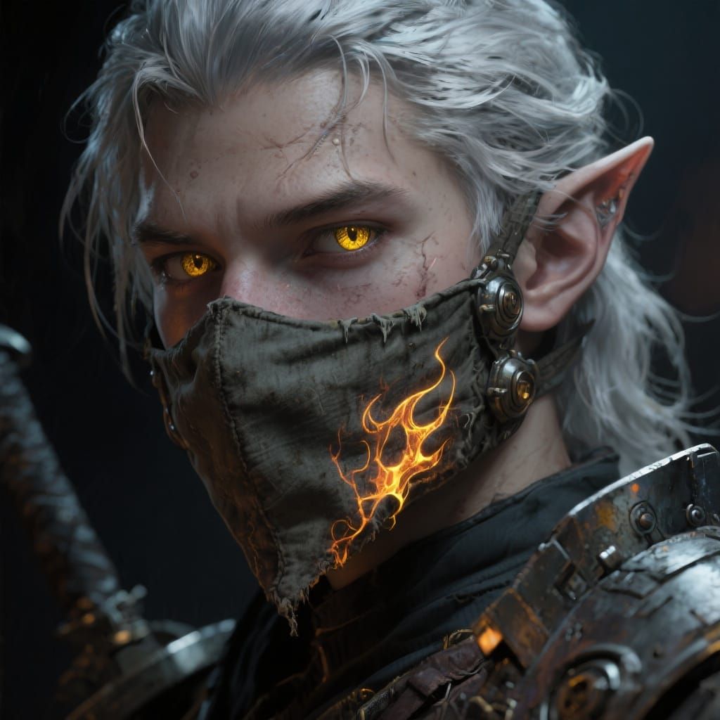 Elven Warrior Portrait with Chiaroscuro and Spectral Flames