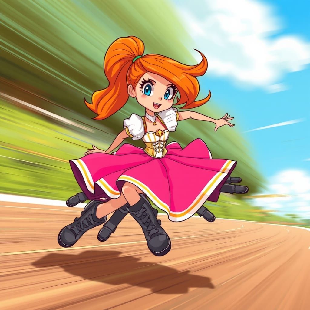 Cartoon Heroine in Pink Gown Running Fast