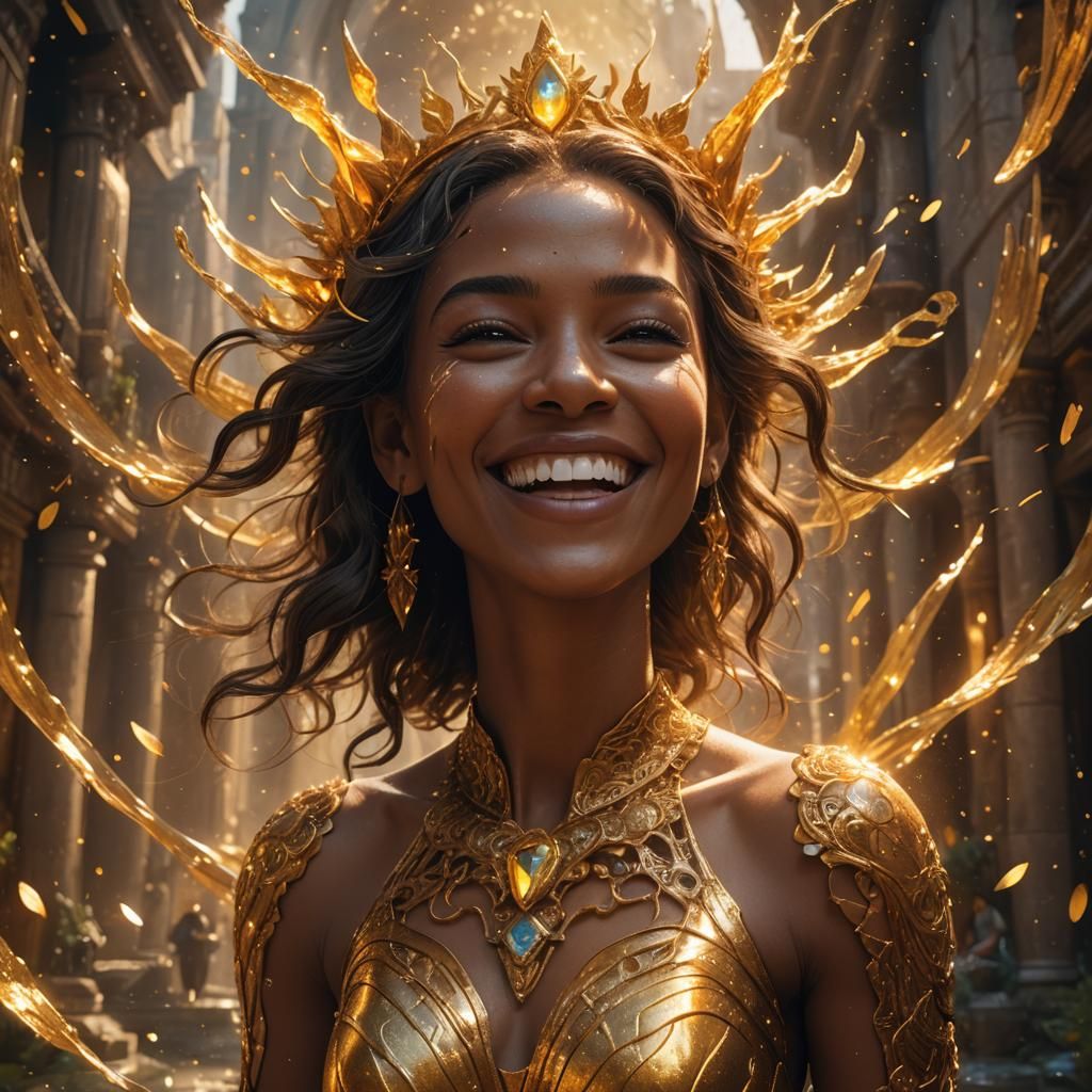 Joyful Woman Smiling with Golden Aura in Fantasy Art