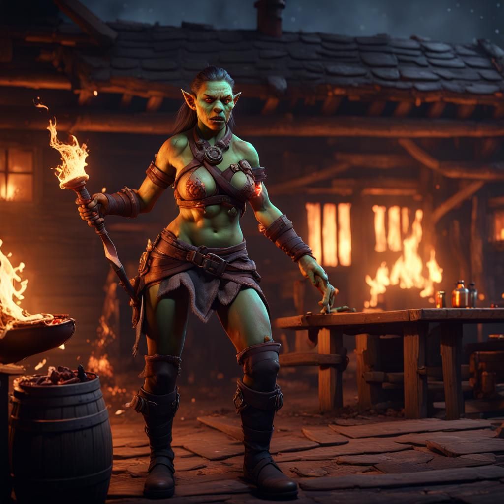 Orc Huntress Sets Tavern Ablaze: 3D Game Art