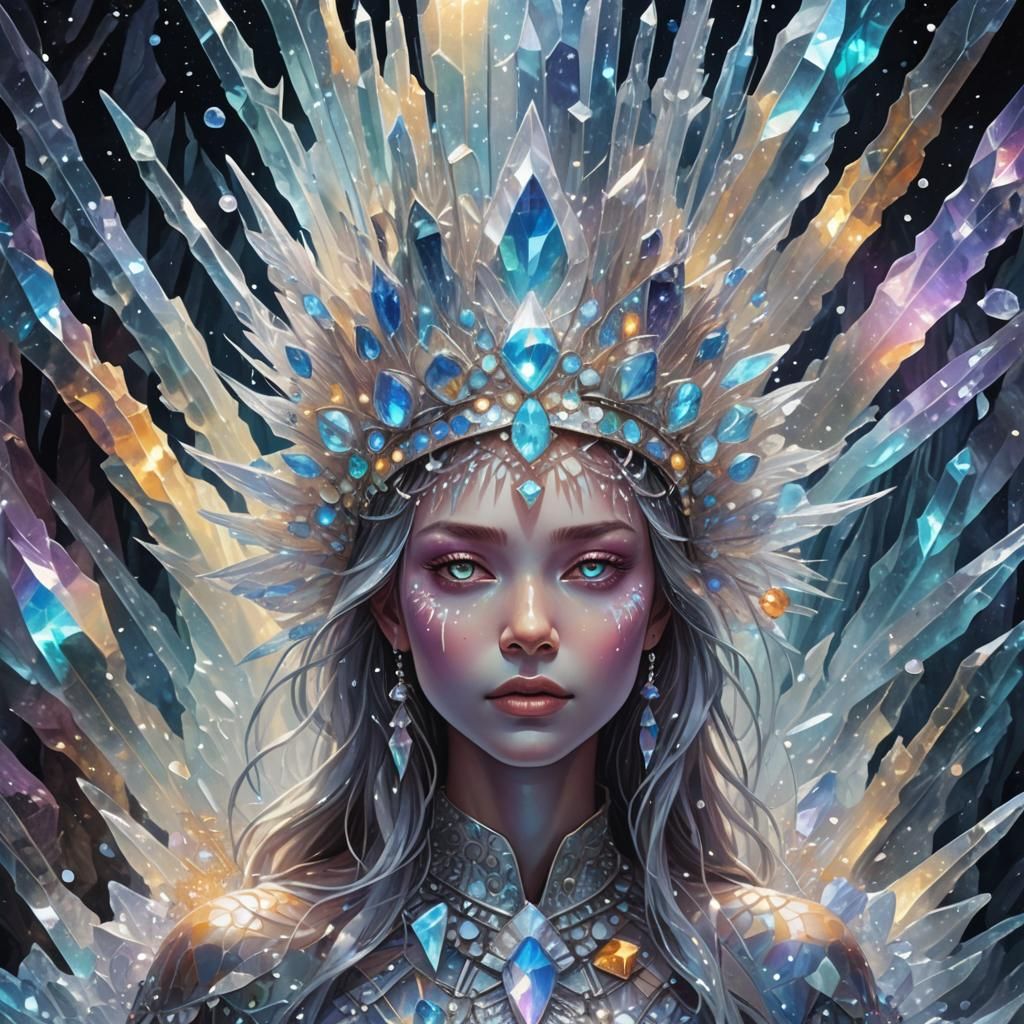 Otherworldly Being in Crystal Cave: Cosmic Illustration