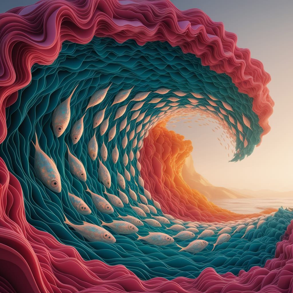 Felt Ocean with Luminous Fish in Matte Painting Style