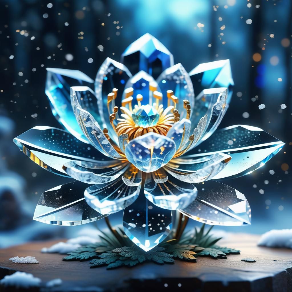 Intricate Crystal Flower in Glass with Frost Aura