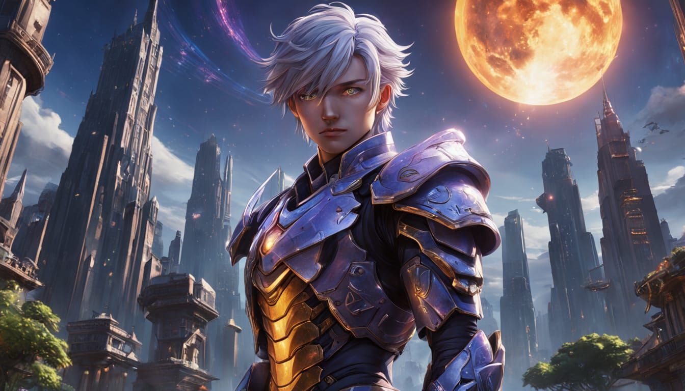 Surreal Anime Warrior Stands Firm in Futuristic Ancient City