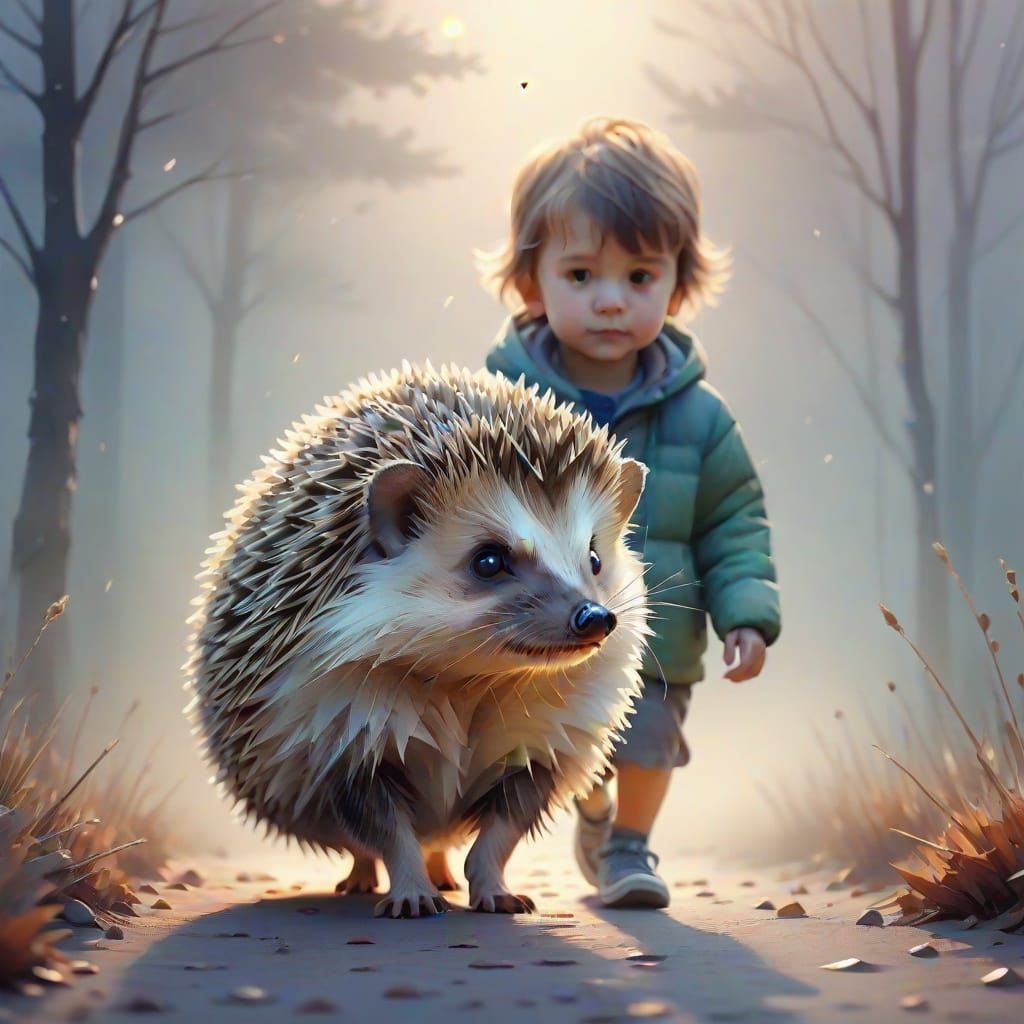 Child Holds Hedgehog in Fog, Watercolor Style
