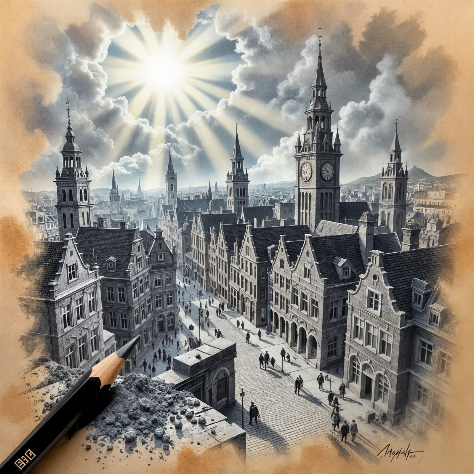 Hyperrealistic Graphite Drawing of a Bustling Town in Escher...