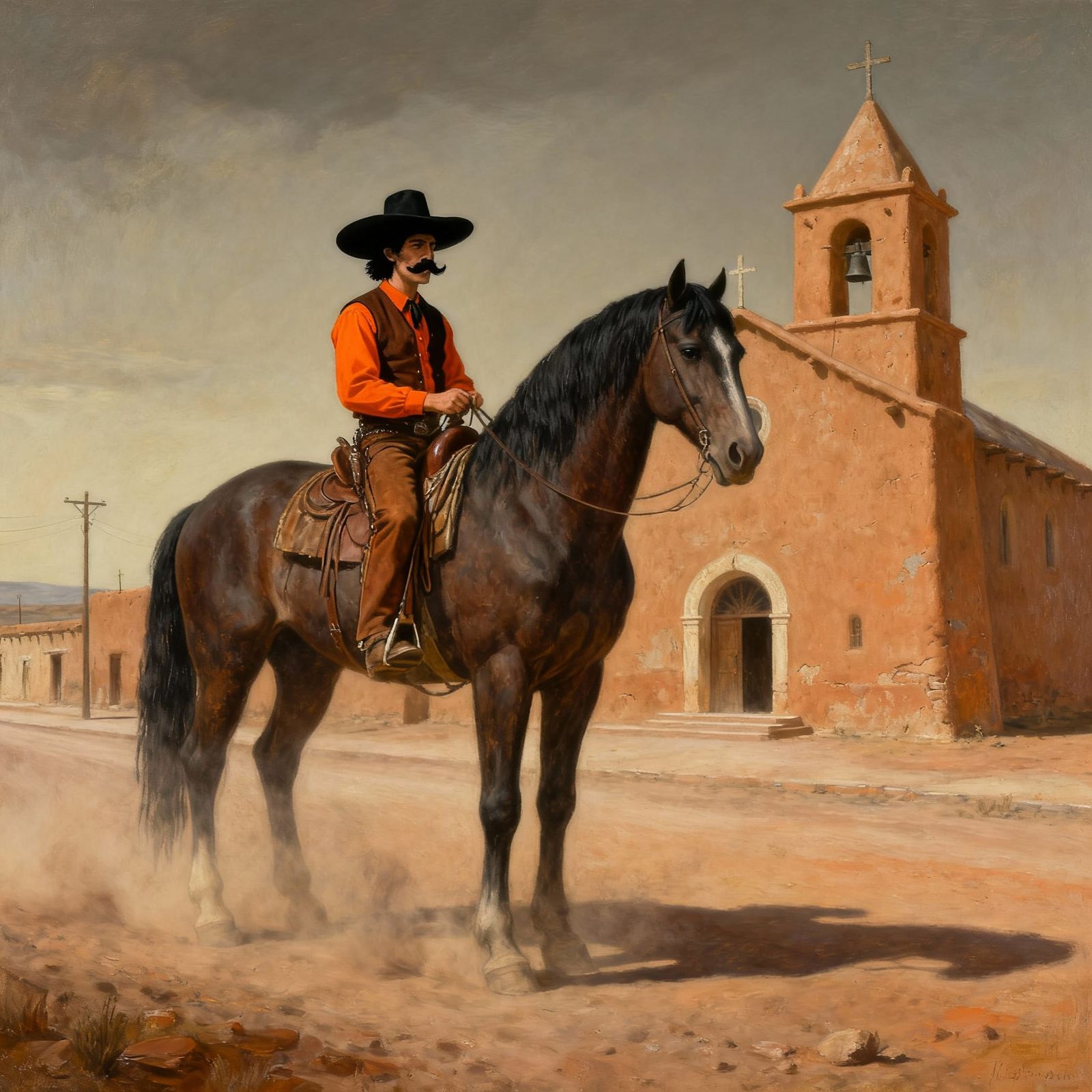 Surreal Vaquero Rides Horse to Adobe Church in Oil Painting ...