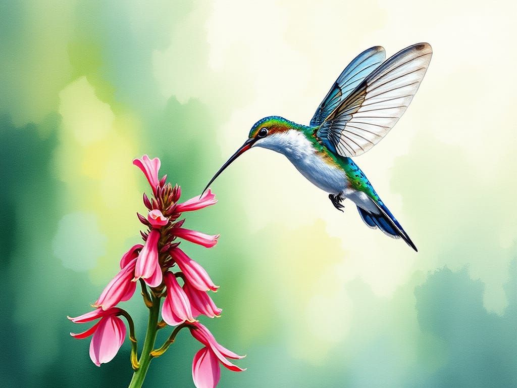 Dragonfly and Hummingbird Watercolor Gouache Painting