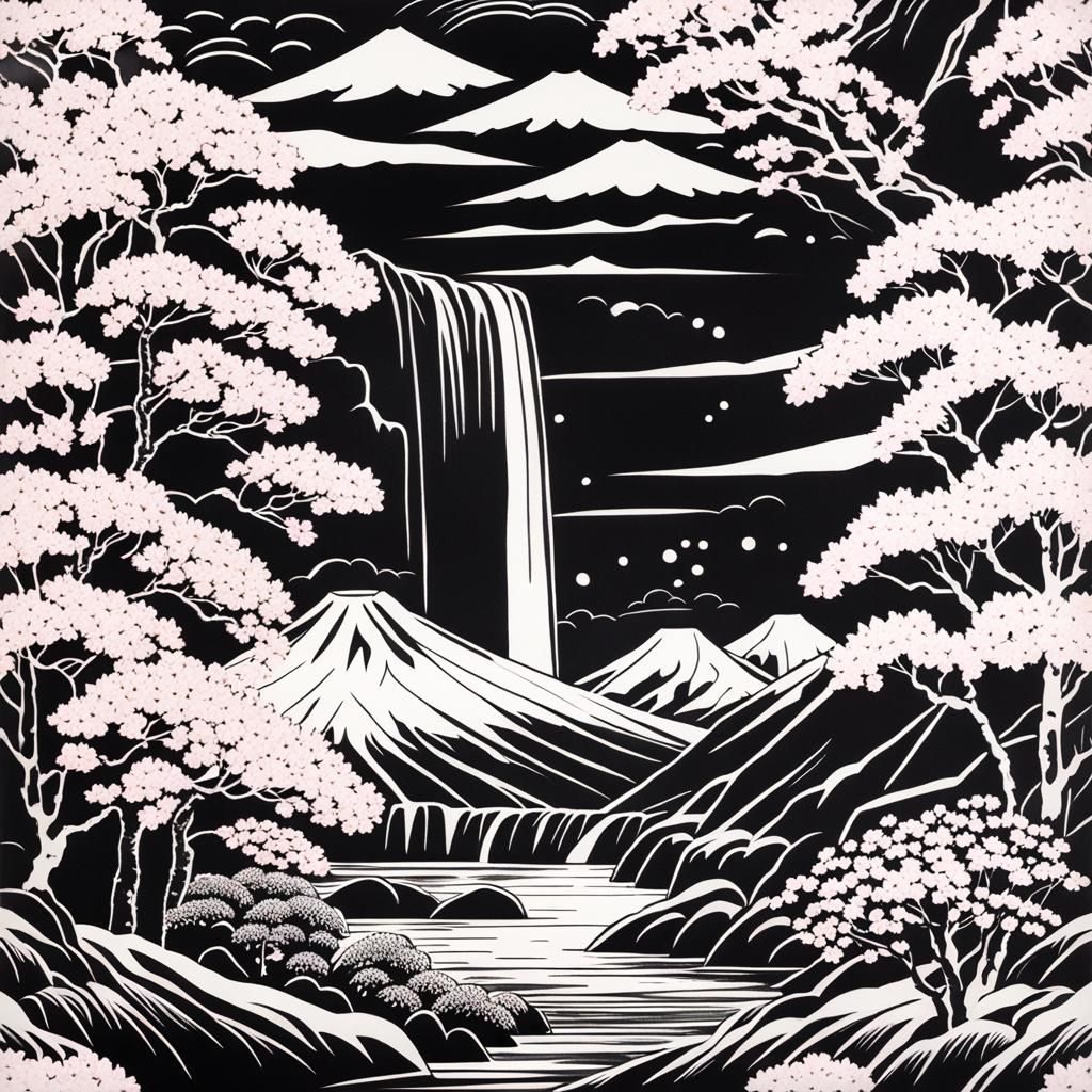 Mt. Fuji, waterfall, cherry blossoms, White Ink on Black Pap...