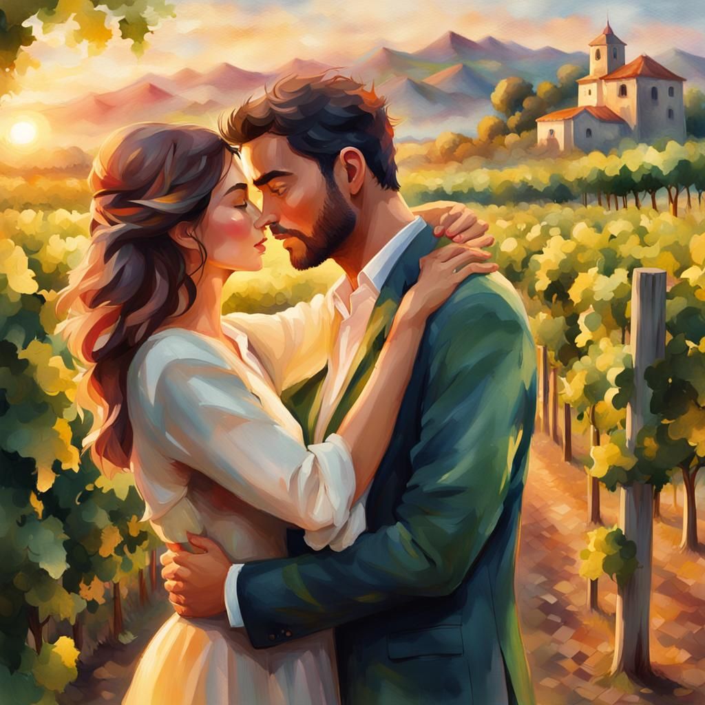 Romantic Couple Embrace in Vineyard: Watercolor Portrait