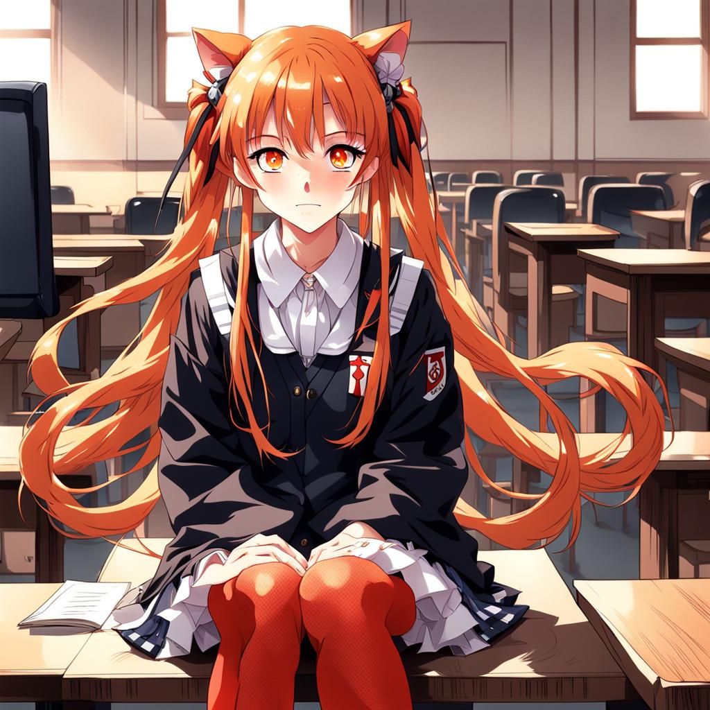 Anime Girl with Orange Hair in Classroom