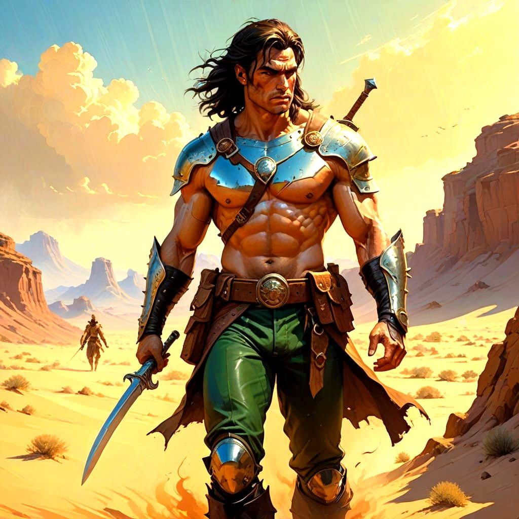 Powerful Warrior in Desert Landscape, in Oil Painting Style