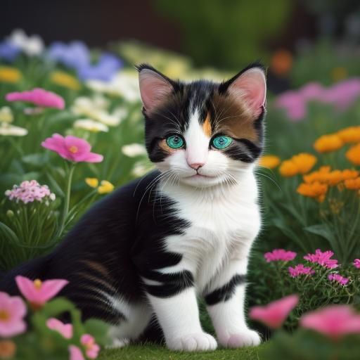 Calico Kitten Smiles in Hyperrealistic Flower Garden