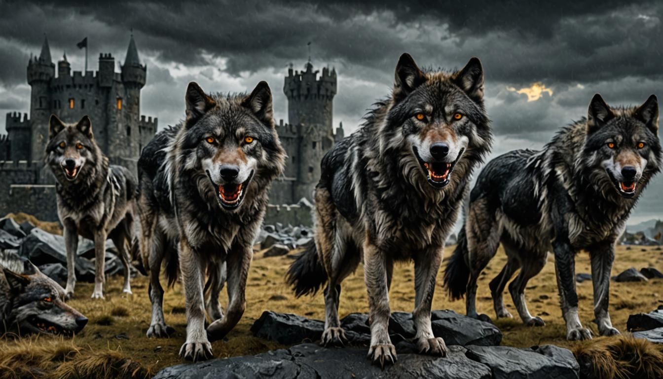 Dire Wolves Guarding Winterfell in Hyperrealistic Style