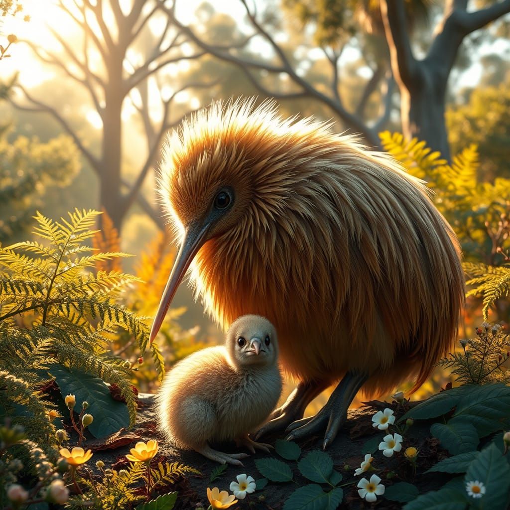 Majestic Kiwi Mother and Adorable Baby in Serene Australian...