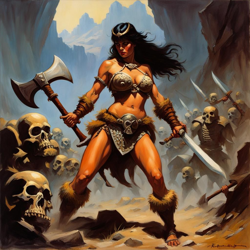 Barbarian Woman Battles Skeletons in Frazetta Style