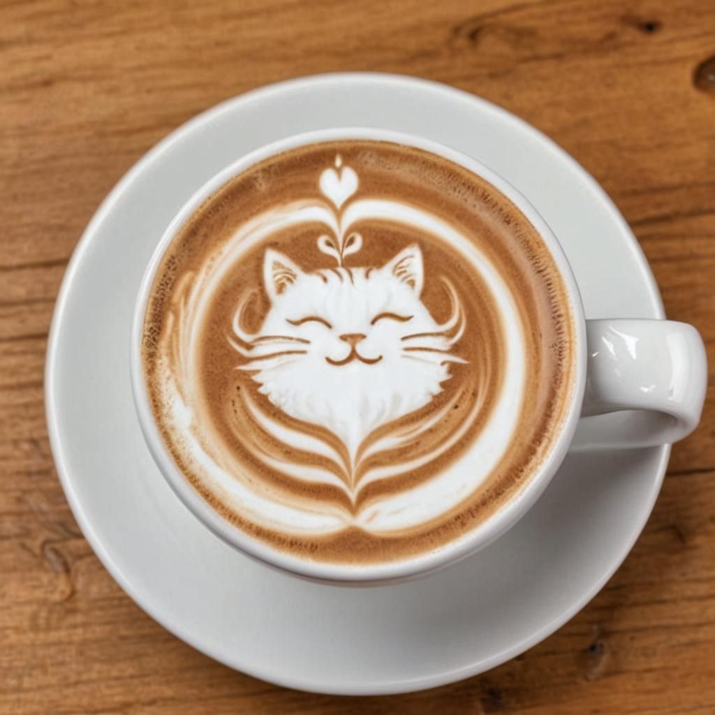 Latte Art Meditating Cat Portrait in Cafe