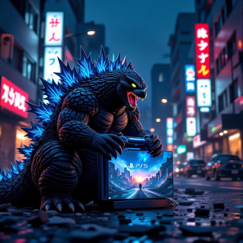 Godzilla Plays PS5 Amidst Neon Tokyo Ruins