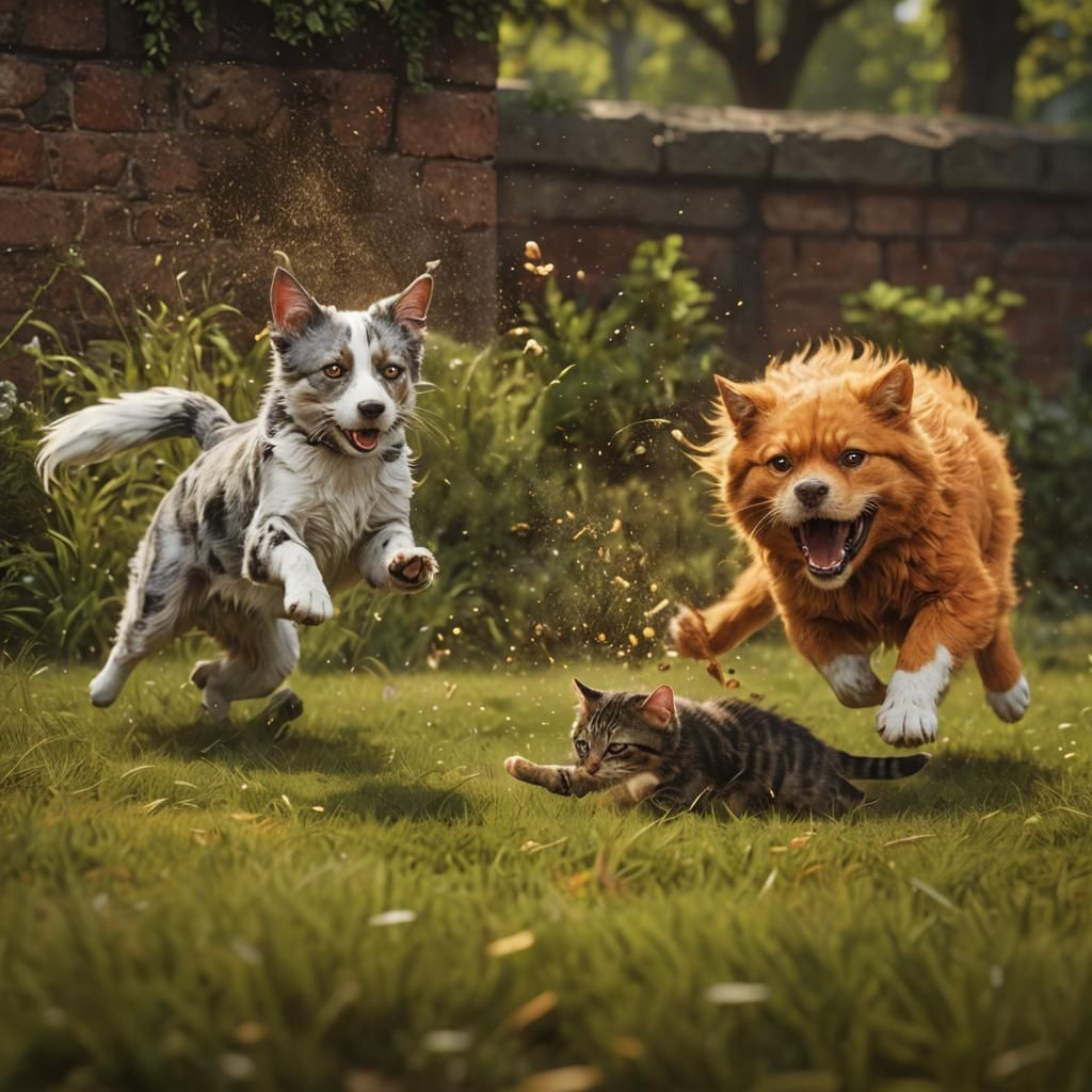 Dog Chasing Cat in Detailed Matte Painting