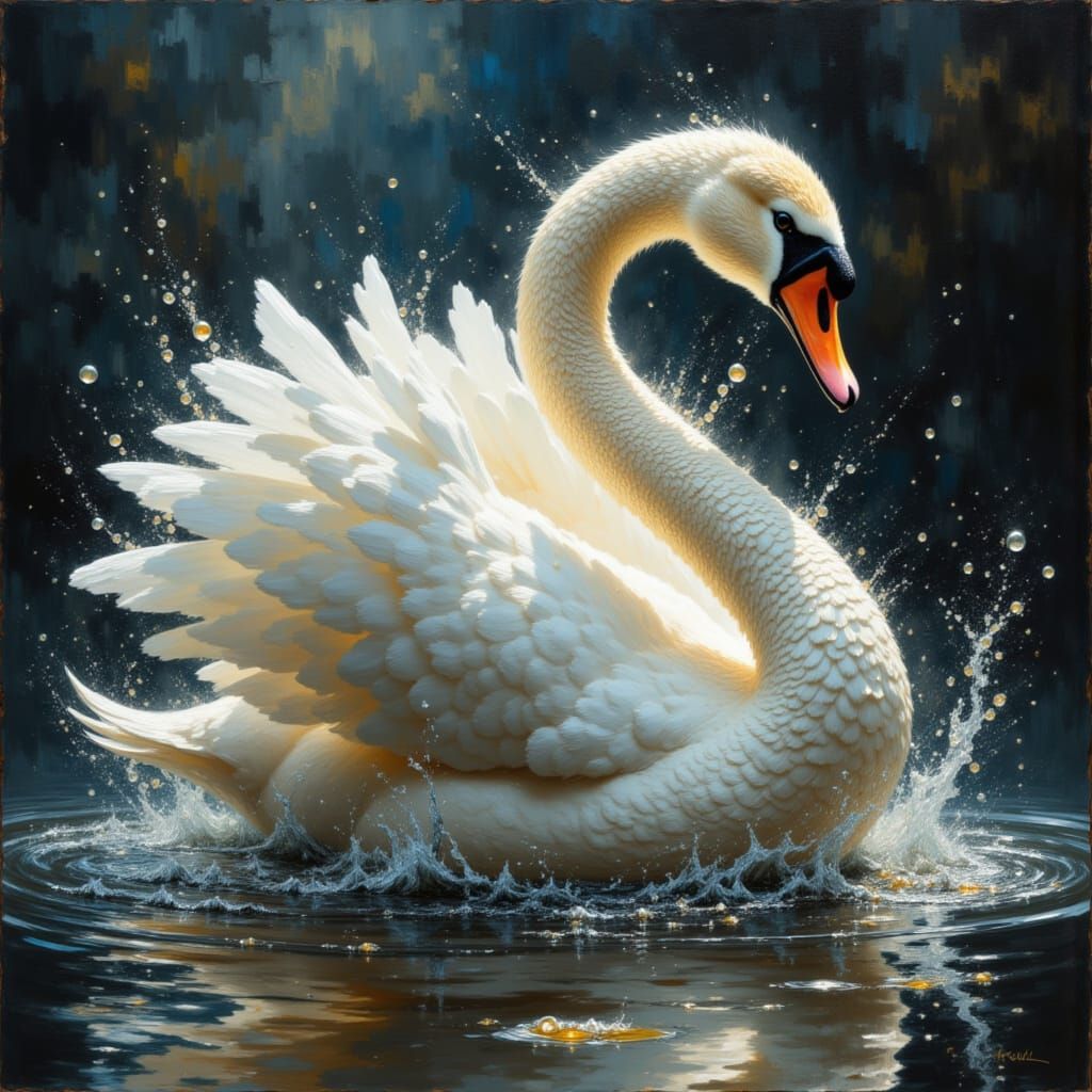 Glittery Swan in Romantic Impasto Style