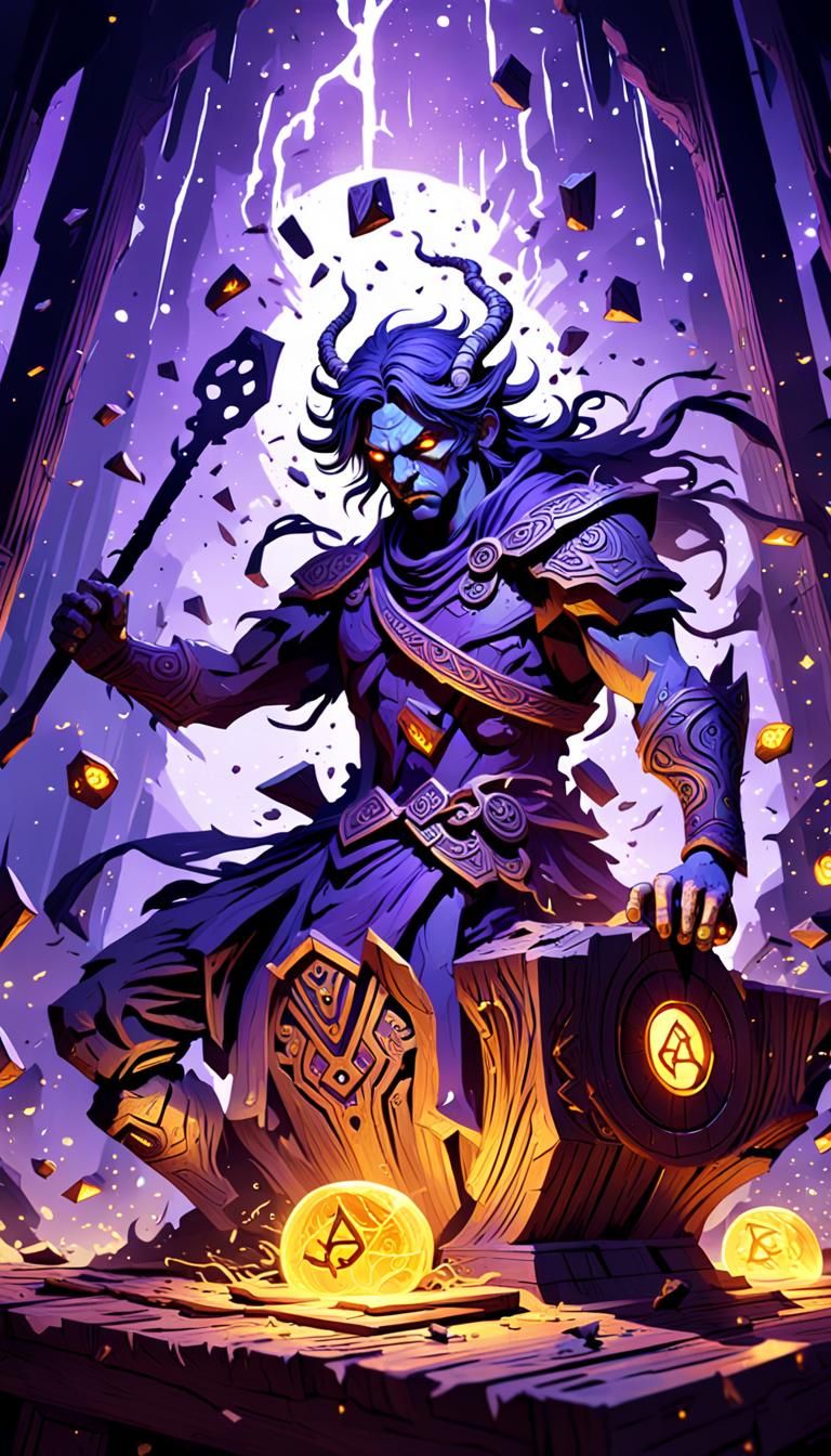 Mythical Wood Carving with Glowing Runes in Dark Fantasy