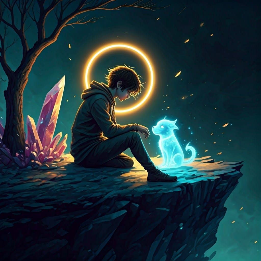 Melancholy Youth with Spectral Puppy, Fantasy Art