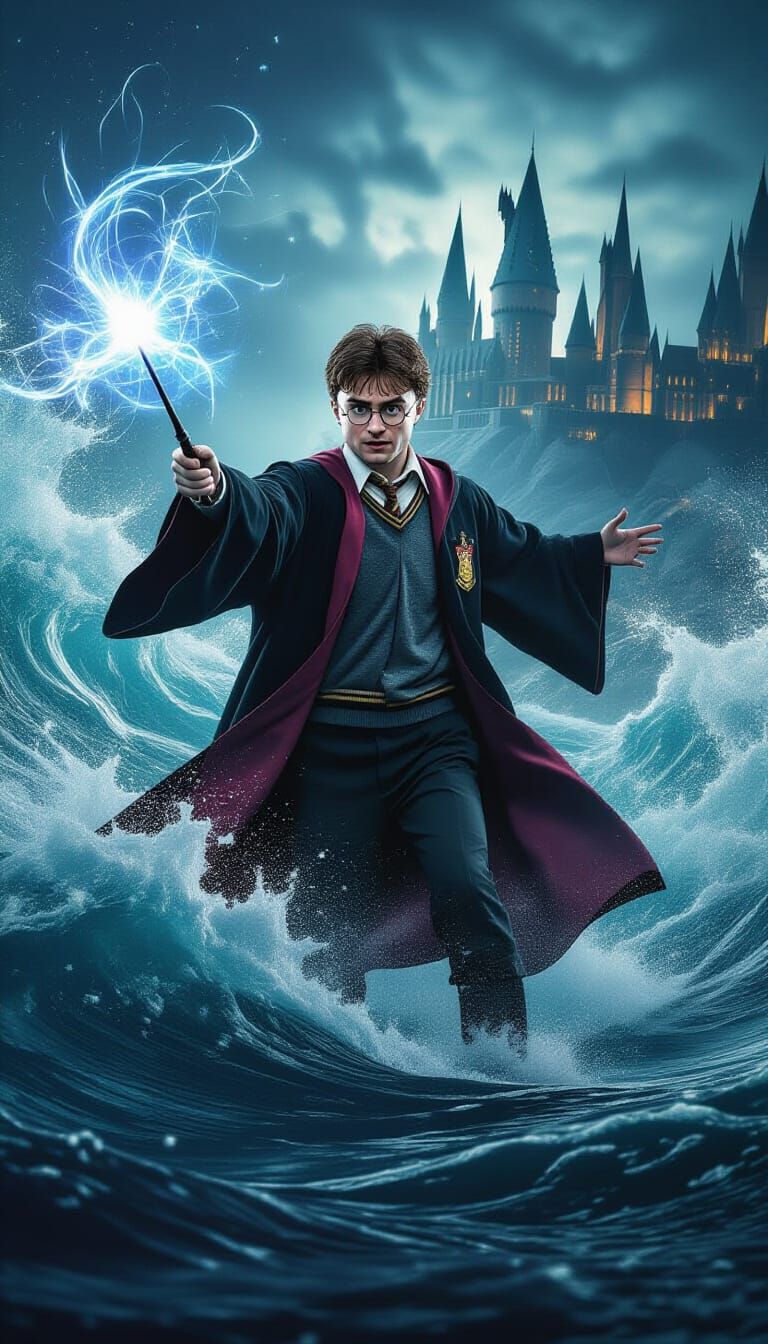 Harry Potter Amidst Magic Waves in 8K