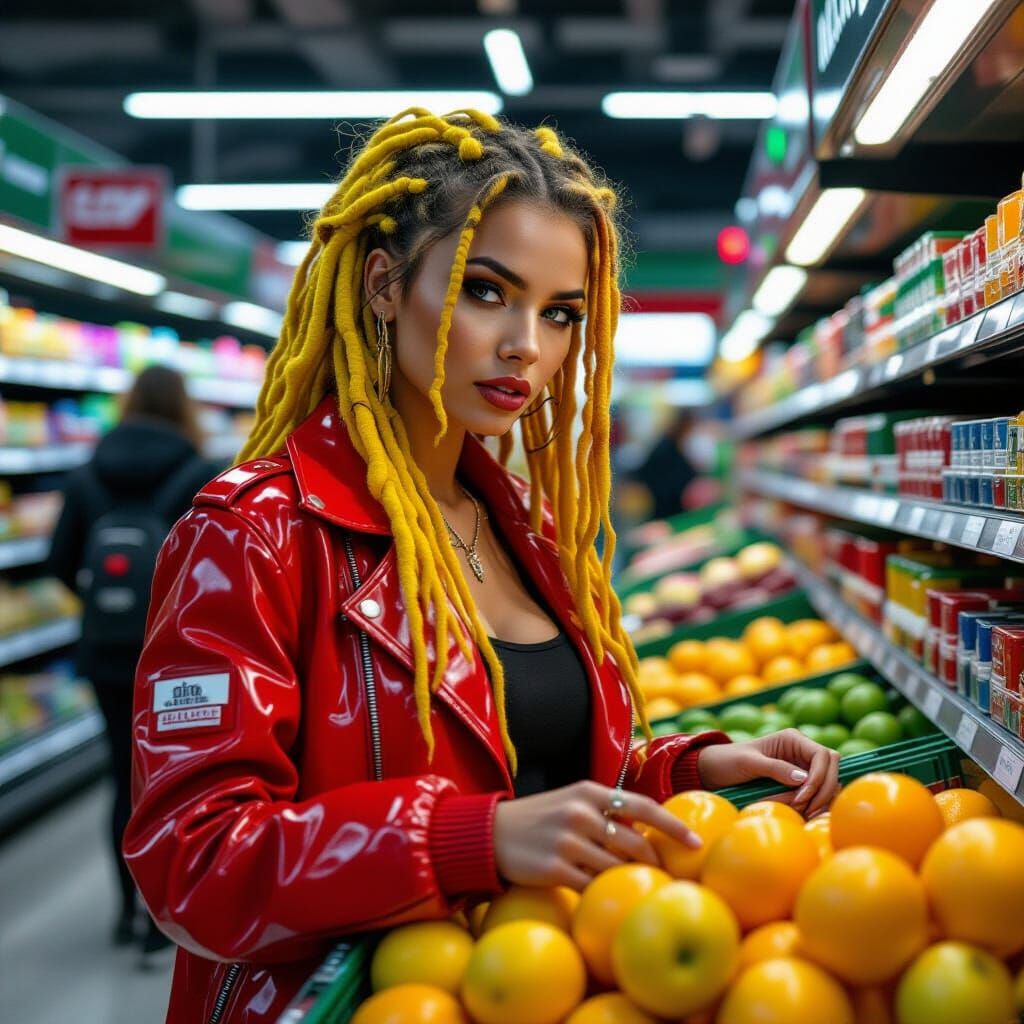 Futuristic Cybermart Scene with Woman in Red