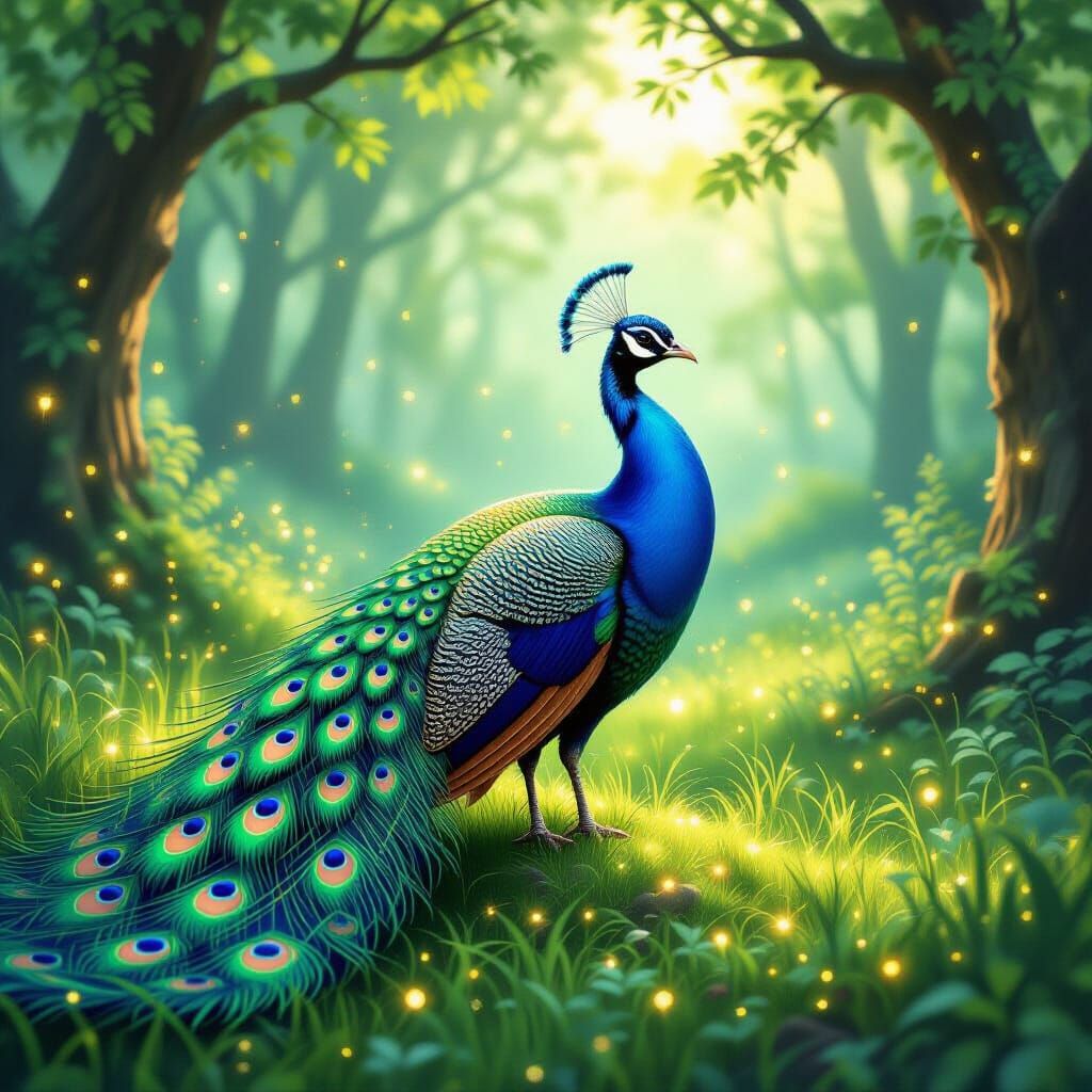 Mystical Peacock in Glowing Forest Clearing