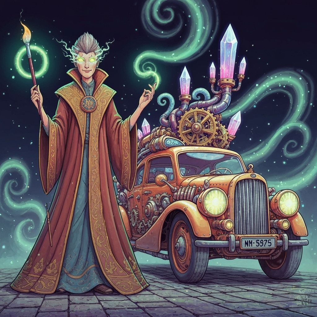 Whimsical Artist with Steampunk Car and Glowing Paintbrush